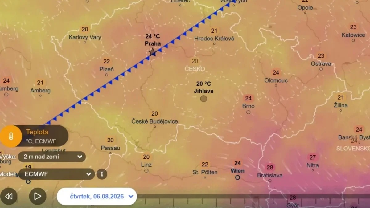 Přechod studené fronty ve čtvrtek - mapa