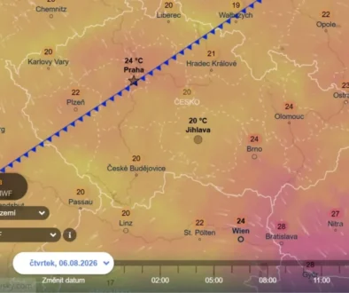 Přechod studené fronty ve čtvrtek - mapa