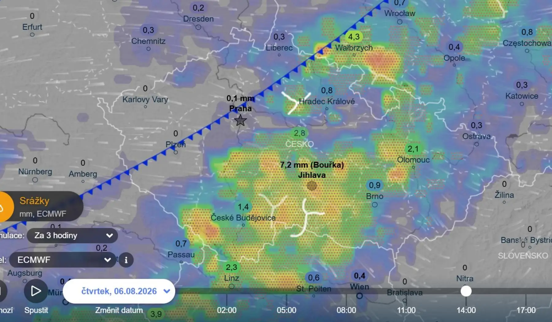 Srážky a bouřky ve čtvrtek | TVGURU.cz Srážky a bouřky ve čtvrtek - mapa