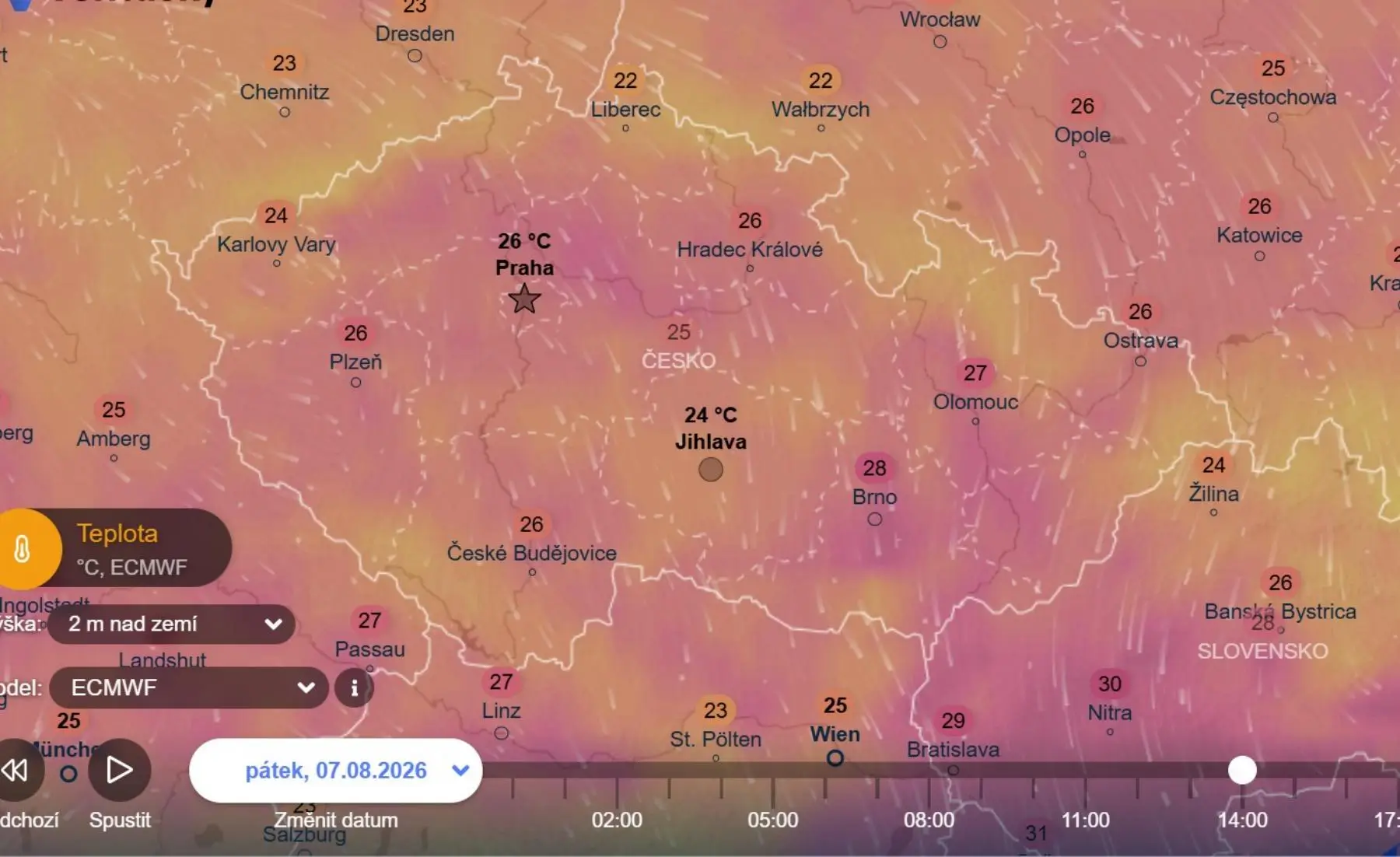 Teploty v pátek odpoledne | TVGURU.cz Teploty v pátek odpoledne - mapa