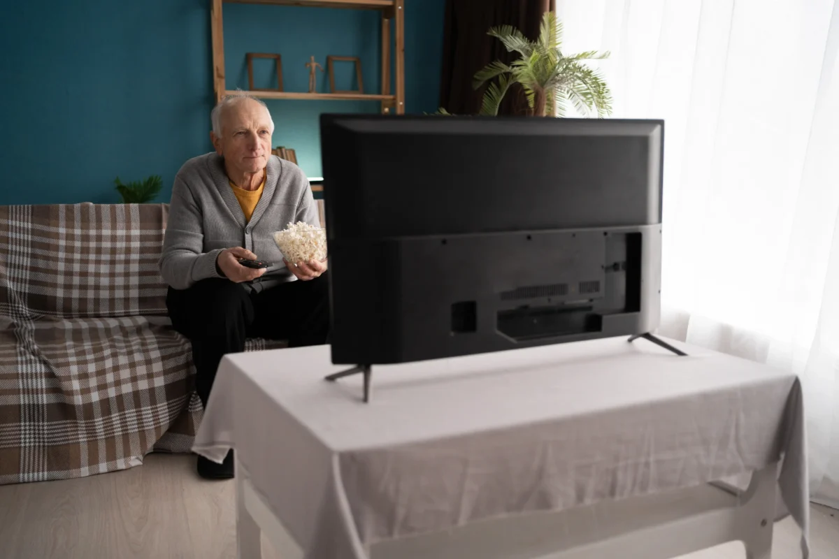 Senioři se i díky chytré televizi naučily využívat streamovací platformy. Zdroj: Shutterstock | TVGURU.cz Starší muž sedí před televizí.