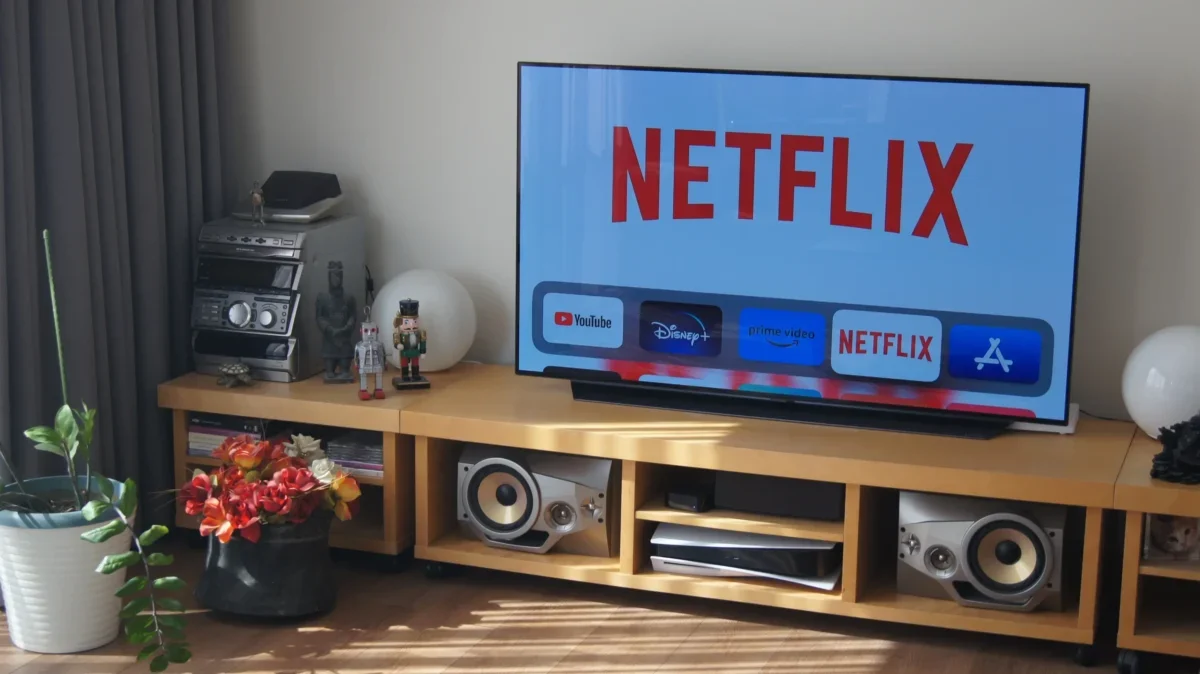 obývák s plochou obrazovkou, na které je puštěný Netflix