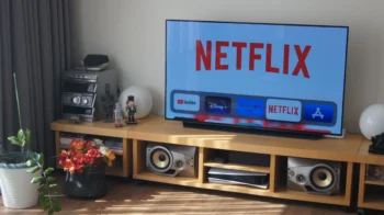 obývák s plochou obrazovkou, na které je puštěný Netflix