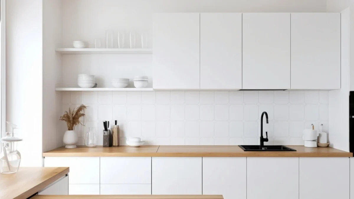 Minimalist white kitchen with wooden countertop, built-in cabinets, and open shelves holding white dishes.