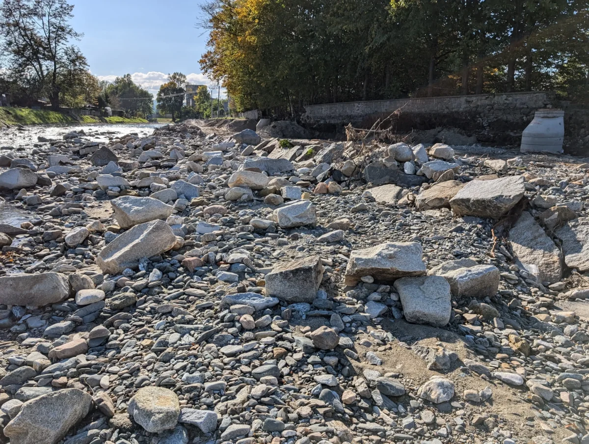 shutterstock_2769077655 1 | TVGURU.cz Rocky riverbank with large stones along a waterway and a stone wall behind the trees on the right.