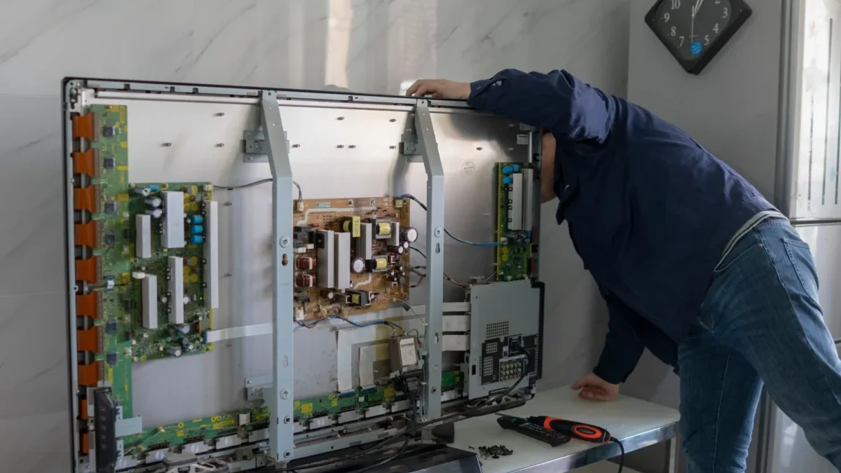 Technik v modré košili opravuje odkrytou elektronickou skříň s deskami plošných spojů uvnitř skříně; v pozadí viditelné nástěnné hodiny