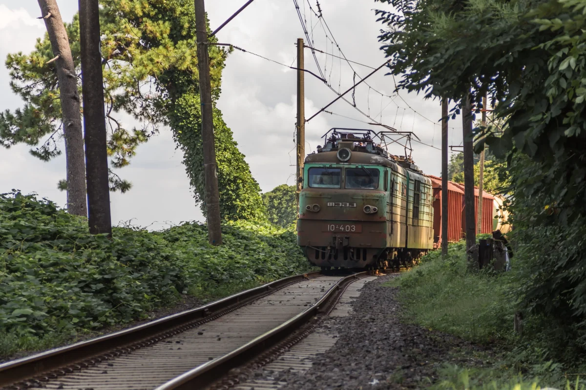 shutterstock_2521864677 1 | TVGURU.cz Green electric locomotive on a curved single track, surrounded by dense vegetation and utility poles.