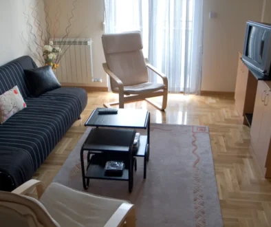 Obývací pokoj s televizí a nábytkem.