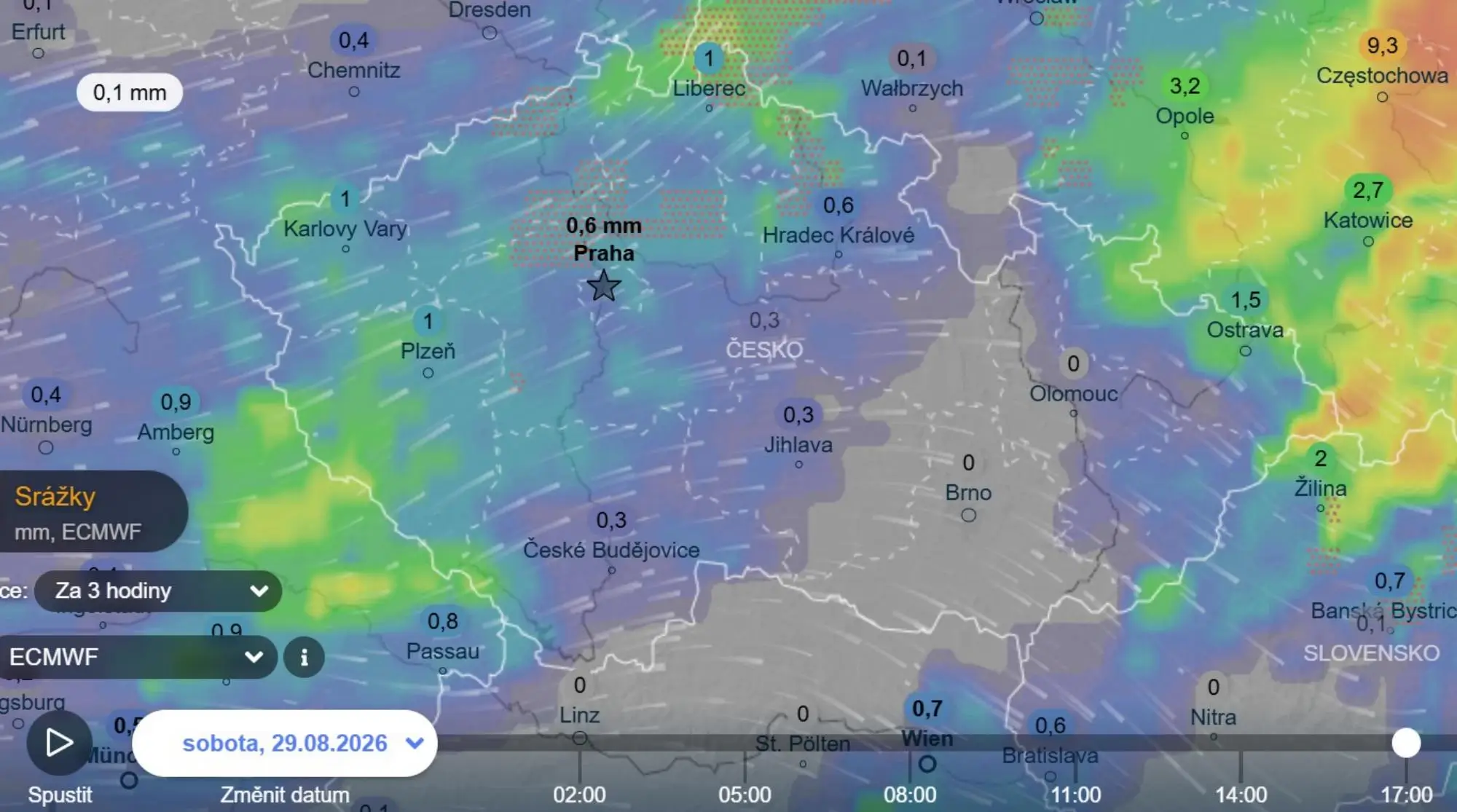 Takhle by mohly v sobotu postupovat srážky přes ČR - mapa