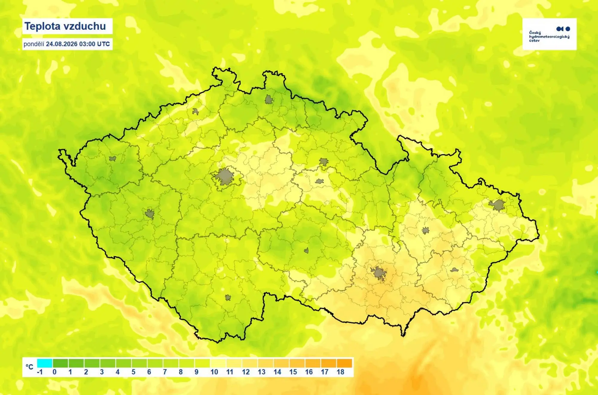 Teplota vzduchu v pondělí ve 3 hodiny ráno - teplotní mapa