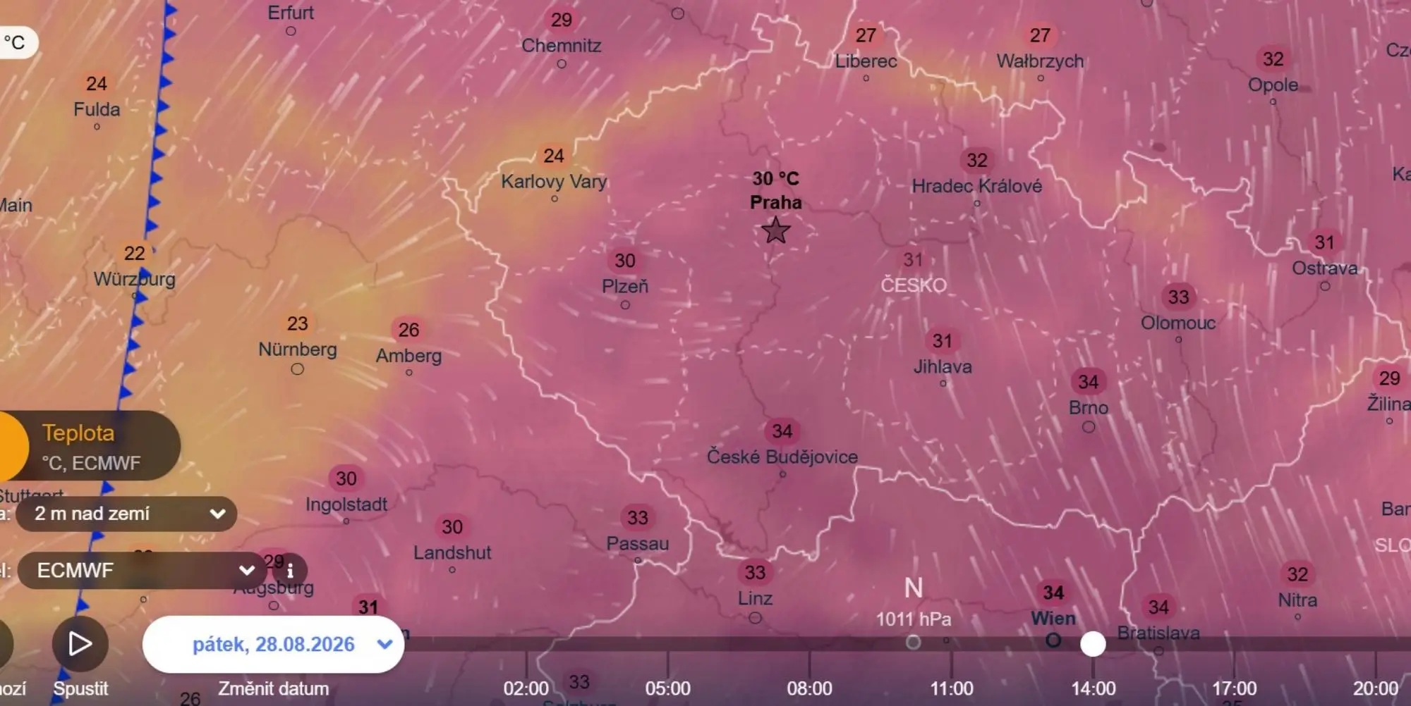 V pátek budou vysoké teploty kulminovat - teplotní mapa
