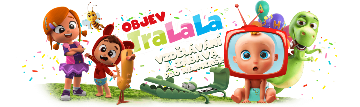 tralala-tv-cz 1 | TVGURU.cz Colorful banner with kids and friendly cartoon characters celebrating with confetti, promoting Objev TraLaLa.