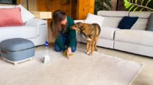 Mladá žena klečí na koberci a vedle ní stojí pes