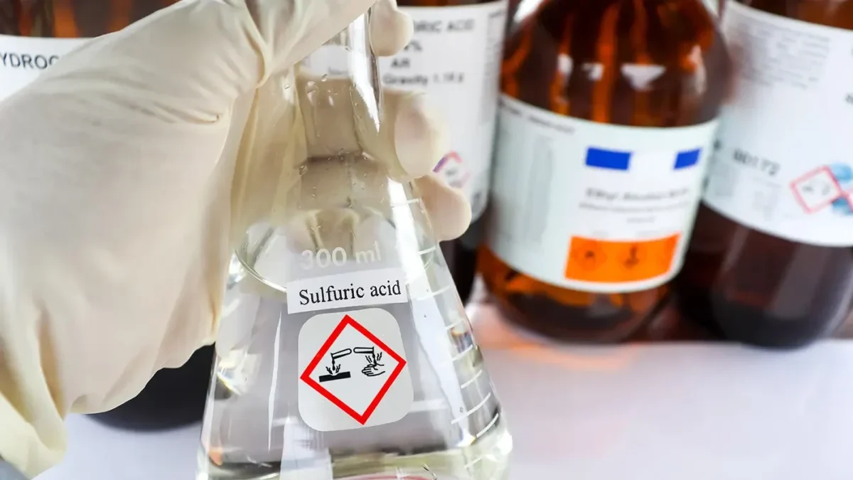 Člověk drží v rukavici nebezpečnou kyselinu sírovou