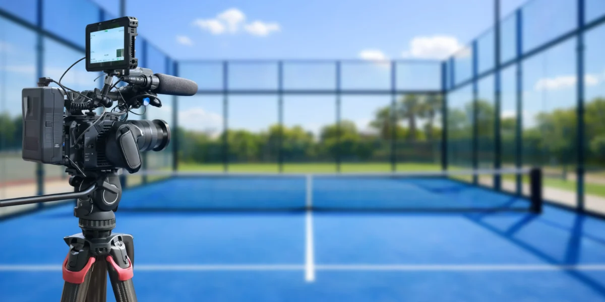 Professional video camera on a tripod filming a blue tennis court inside a glass-walled court facility, daytime