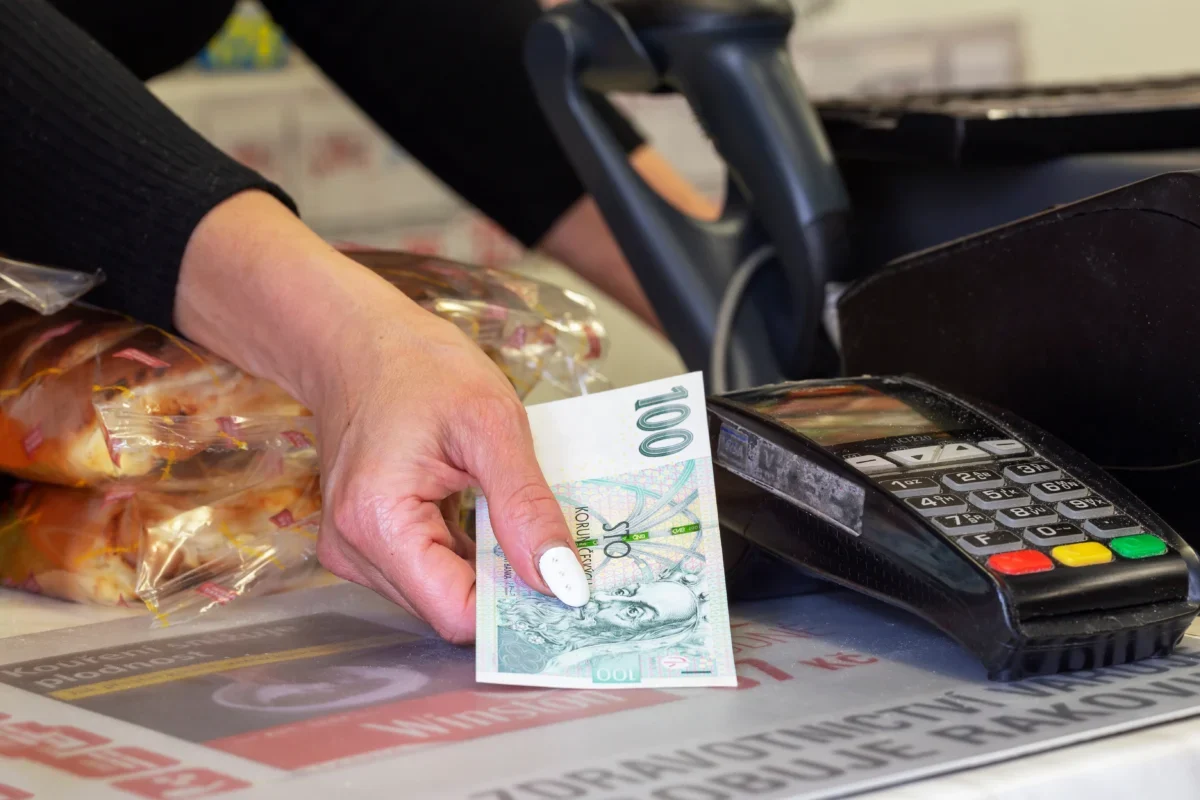 Ruka drží českou stokorunu, vedle je platební terminál