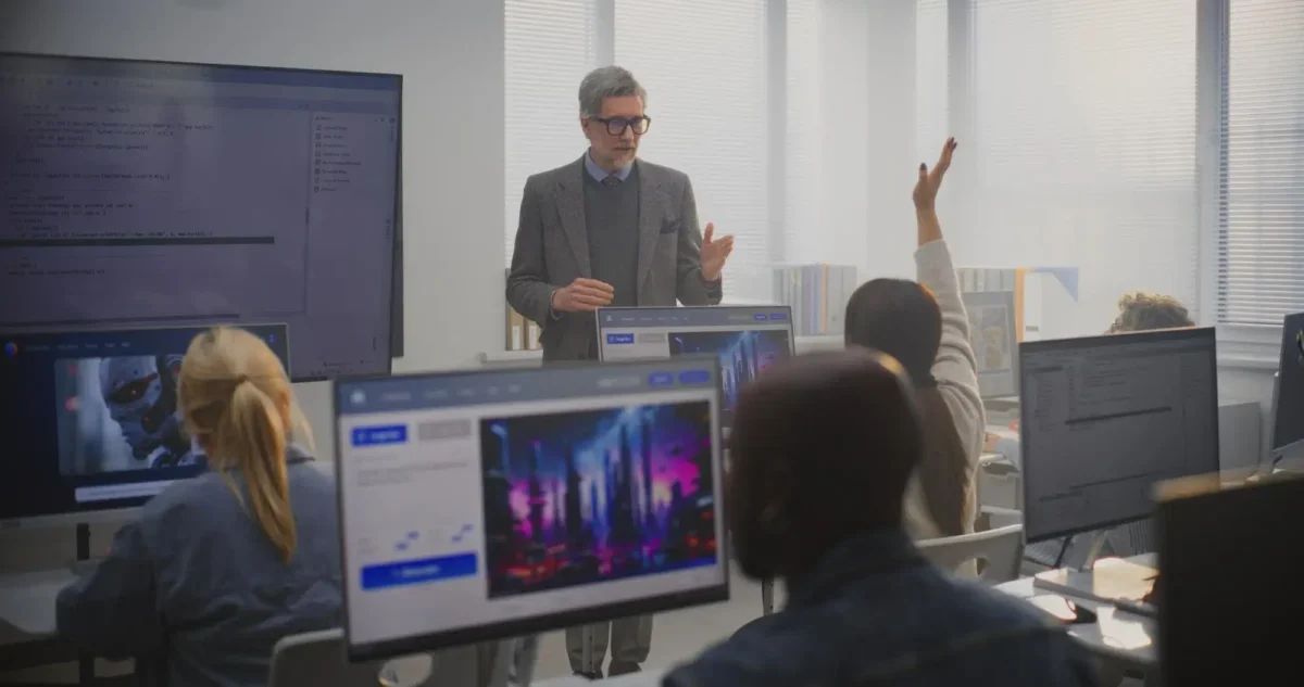 Instructor in a blazer teaches at the front of a computer lab, students raise hands while multiple monitor screens surround them