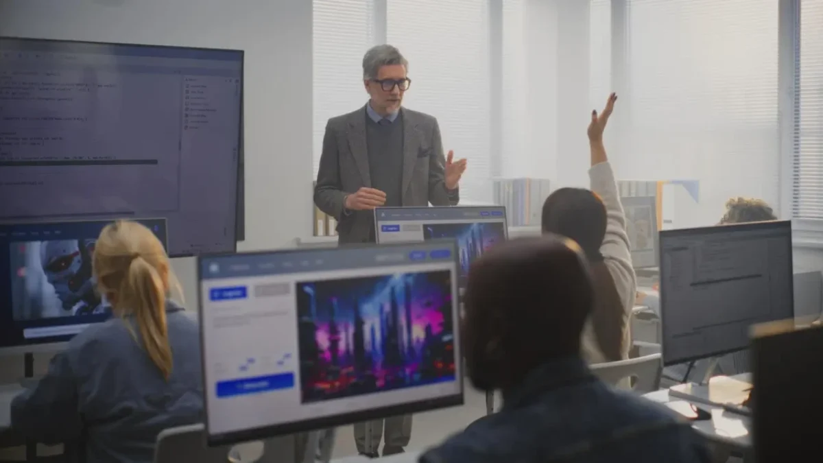 Instructor in a blazer teaches at the front of a computer lab, students raise hands while multiple monitor screens surround them