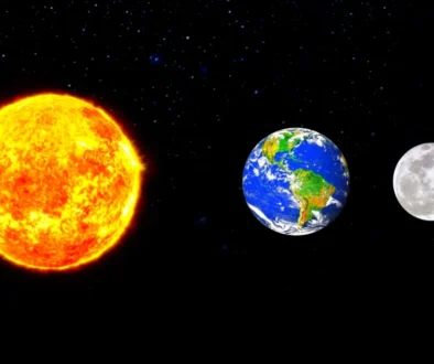 Sun, Earth, and Moon aligned in space with a starry backdrop.