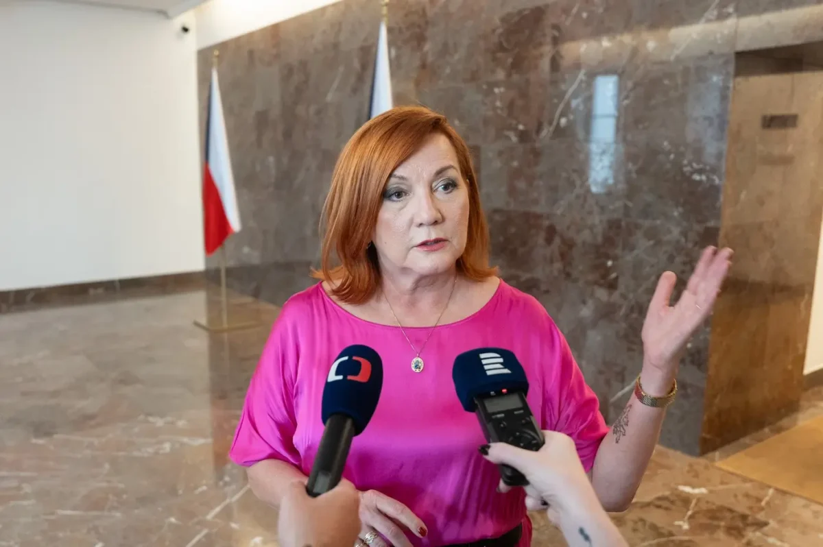 Žena v růžovém u mikrofonu