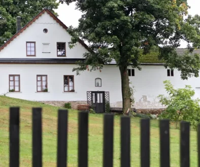 Statek s bílou fasádou, trávníkem, stromy a plotem během dne