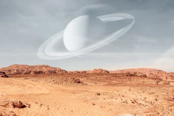 Nad vyprahlou krajinou je Saturn.