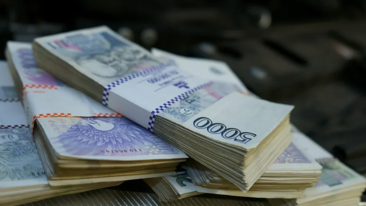 Stacks of banknotes arranged on a surface, primarily 1,000-denomination bills with purple highlights.