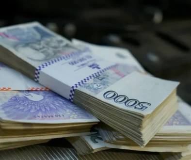 Stacks of banknotes arranged on a surface, primarily 1,000-denomination bills with purple highlights.
