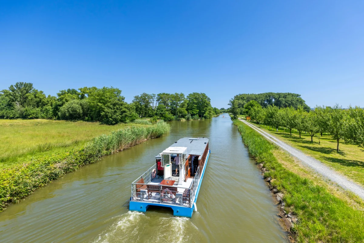 shutterstock_2733187531 2 | TVGURU.cz Tour boat cruising along a narrow canal with green trees on both banks under a bright blue sky.