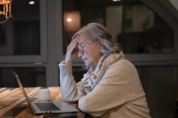 seniorka sedí u počítače