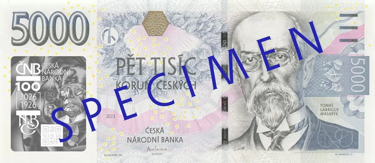 20260902_vyrocni_bankovka_5000_czk 1 | TVGURU.cz Czech 5,000 koruna banknote with a large blue SPECIMEN watermark across the front.
