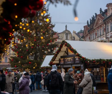 Crowded Christmas market street with a large, decorated tree and festive lights near historic buildings at dusk/evening light framing the scene