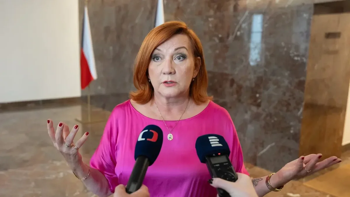 Žena v růžových šatech stojí před novináři a mluví do dvou mikrofonů najednou