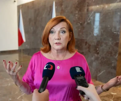 Žena v růžových šatech stojí před novináři a mluví do dvou mikrofonů najednou