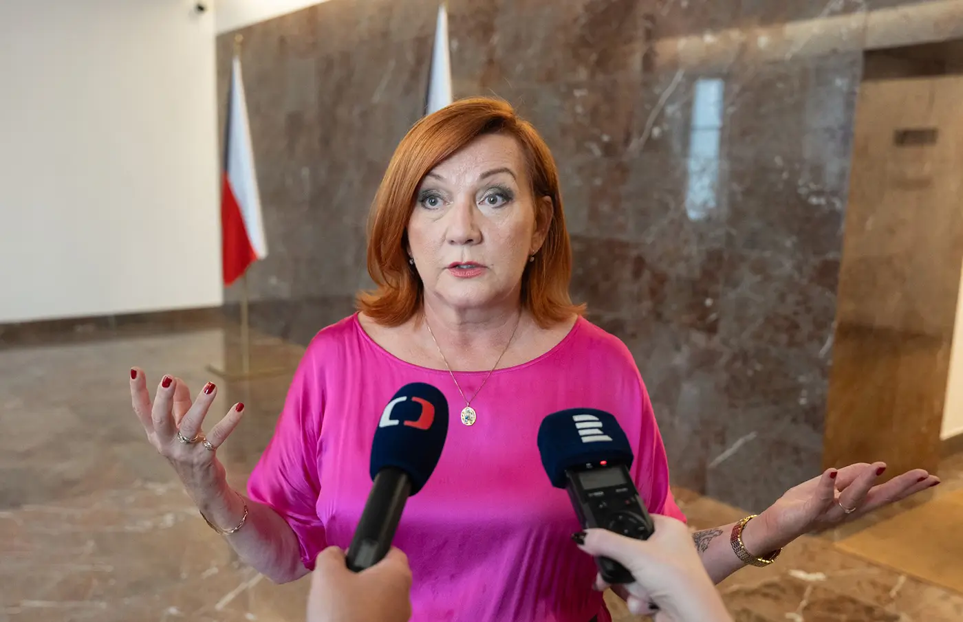 Žena v růžových šatech stojí před novináři a mluví do dvou mikrofonů najednou
