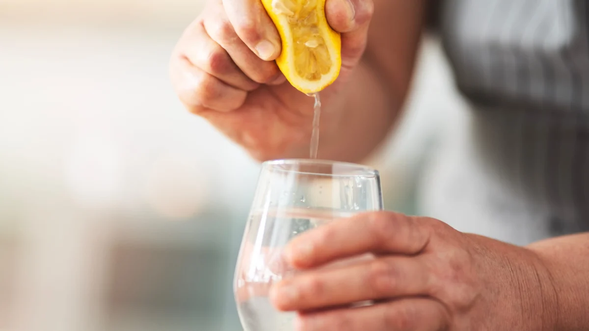 shutterstock_2624681405 1 | TVGURU.cz Hands squeeze a lemon half above a clear glass, juice streaming into the drink.