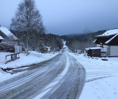 Zasněžená silnice ve vesnické oblasti v době stmívání