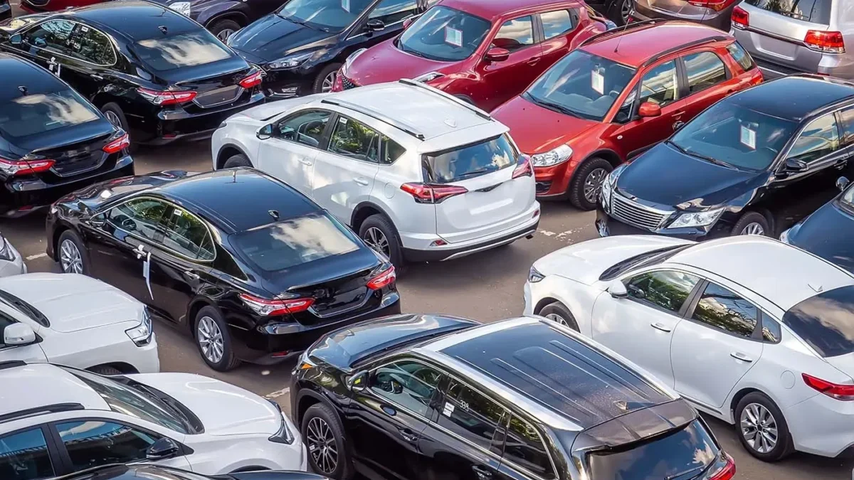 Venkovní plocha s několika desítkami různě barevných osobních automobilů
