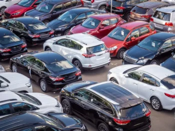 Venkovní plocha s několika desítkami různě barevných osobních automobilů