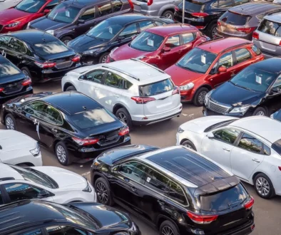 Venkovní plocha s několika desítkami různě barevných osobních automobilů