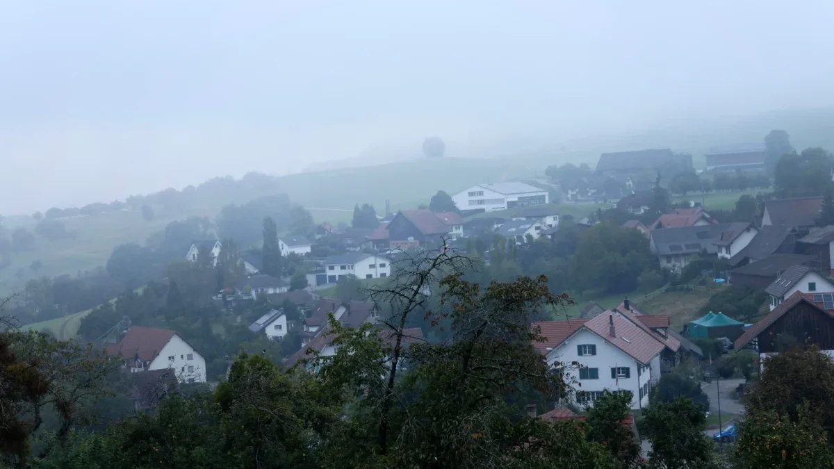 Foggy hillside village with red-roofed houses and trees fading into pale misty sky to the left and across the landscape.