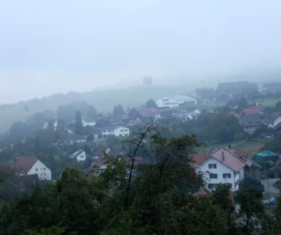 Foggy hillside village with red-roofed houses and trees fading into pale misty sky to the left and across the landscape.
