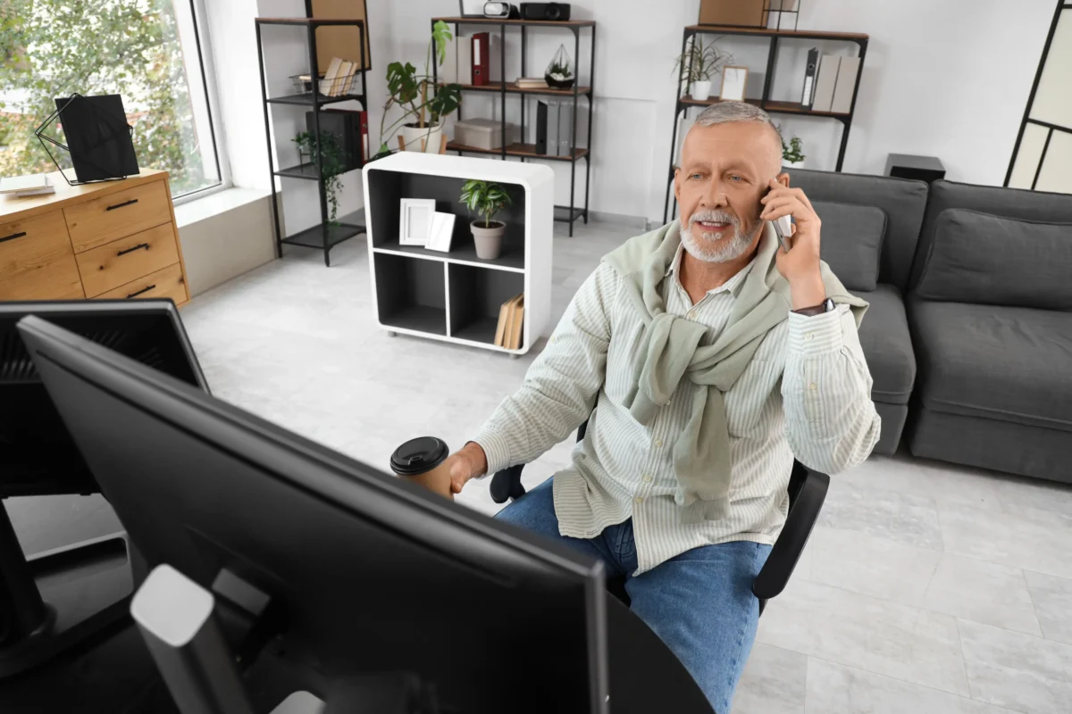 Mnoho důchodců zbytečně platí drahé tarify. Zdroj: Shutterstock | TVGURU.cz Muž, který telefonuje a dívá se na televizi.
