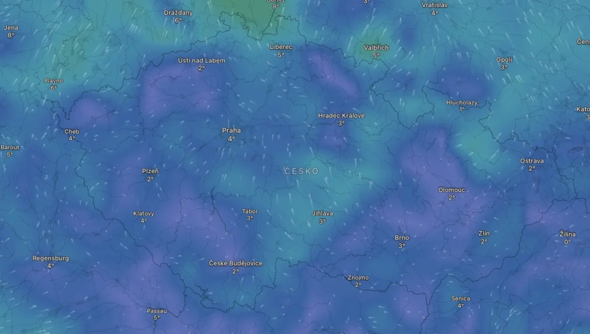 Mapa ranních teplot ve středu