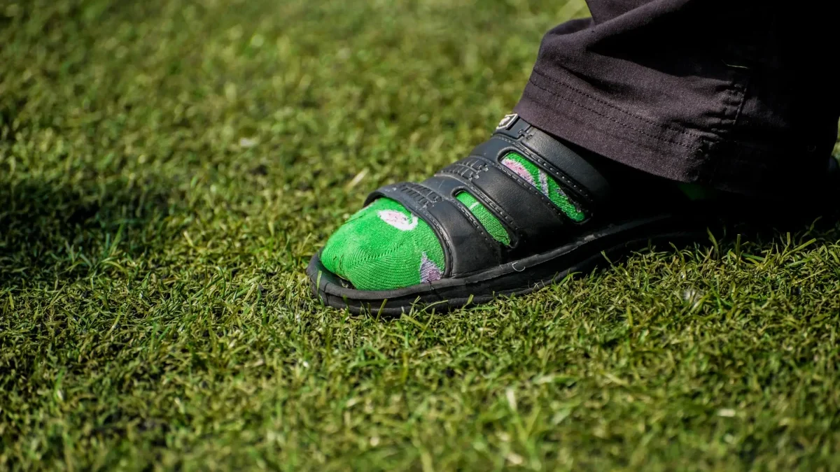 Close-up of a green socked foot in a black sandal resting on grass, with a dark pant leg nearby.