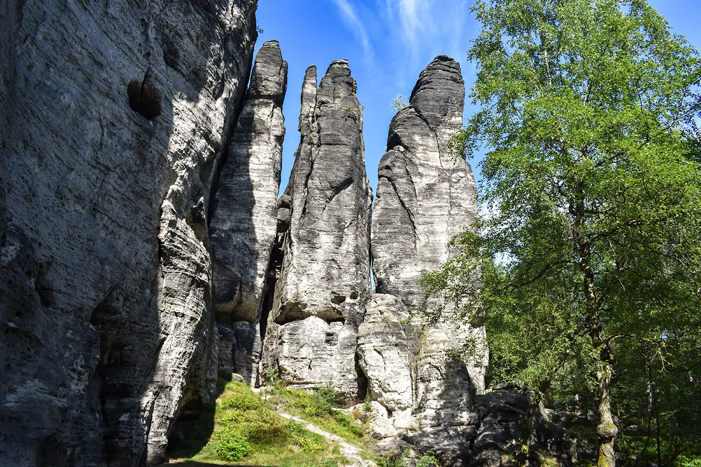 shutterstock_2825458793 | TVGURU.cz Tall limestone pillars rise from a grassy clearing, framed by green trees on the right under a blue sky.