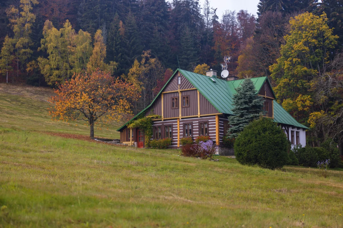 shutterstock_2817081703 1 | TVGURU.cz Wooden house with a green roof at the edge of a colorful autumn forest, small garden in front, hillside lawn nearby