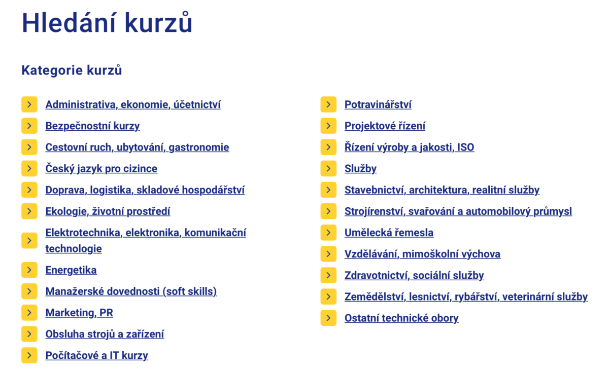 Snímek obrazovky 2026-10-30 v 113846 | TVGURU.cz Kategorie kurzů, které nabízí Úřad práce ČR.